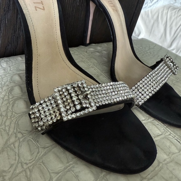 Schutz Black Velvet Rhinestone‎ Buckle Heels Size 9B Elegant Ankle Strap Sandals - Picture 3 of 11